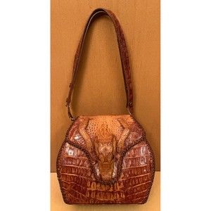 Vtg Genuine Baby Alligator Purse Head Brown Leather Handbag Taxidermy